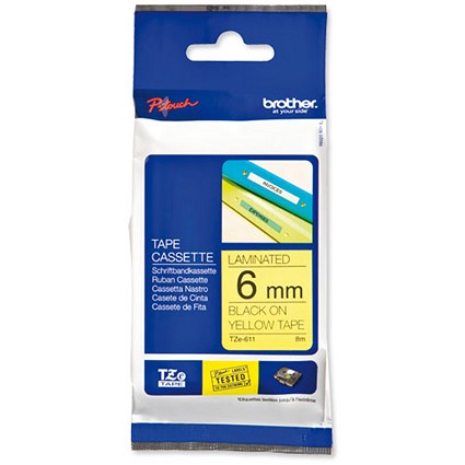 Brother P-touch TZE Label Tape 6mmx8m Black on Yellow Ref TZE611