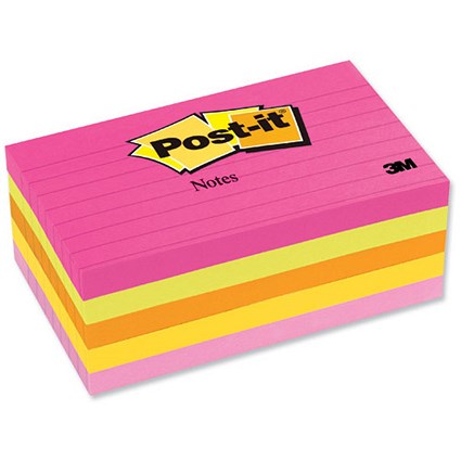 Post-it Neon Notes Lined Pad of 100 Sheets 76x127mm Assorted Ref 655-5AN [Pack 5]