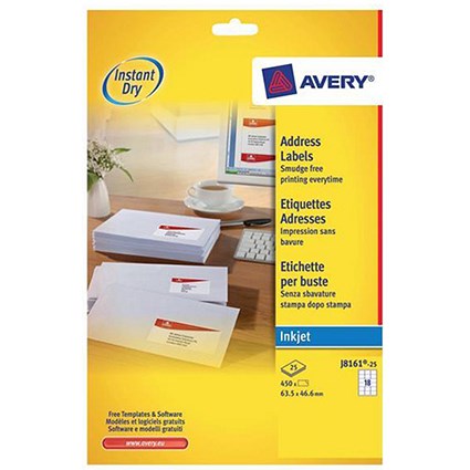 Avery Quick DRY Inkjet Addressing Labels / 18 per Sheet / 63.5x46.6mm / White / J8161-25 / 450 Labels