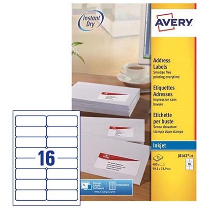 Avery Quick DRY Inkjet Addressing Labels, 16 per Sheet, 99.1x33.9mm, White, J8162-25, 400 Labels