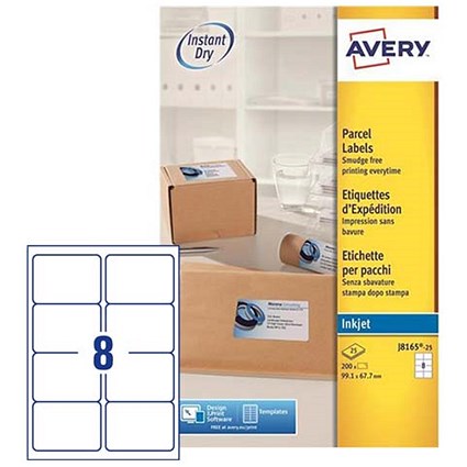 Avery Quick DRY Inkjet Addressing Labels, 8 per Sheet, 99.1x67.7mm, White, J8165-25, 200 Labels