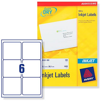 Avery Quick DRY Addressing Labels Inkjet 6 per Sheet 99.1x93.1mm White Ref J8166-25 [150 Labels]
