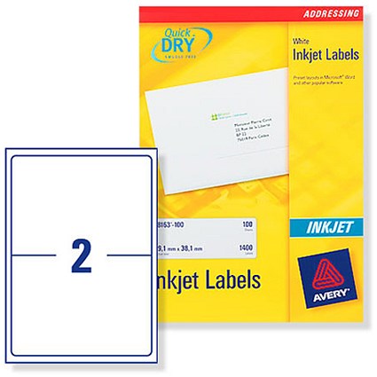 Avery Quick DRY Addressing Labels Inkjet 2 per Sheet 199.6x143.5mm White Ref J8168-25 [50 Labels]