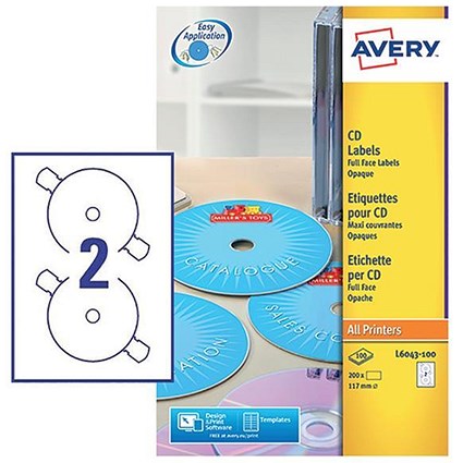 Avery Laser CD/DVD Labels / 2 per Sheet / 117mm Diameter / Classic Size / Black and White / L6043-100 / 200 Labels