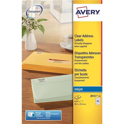 Avery Inkjet Mini Labels / 65 per Sheet / 38.1x21.2mm / Clear / J8551-25 / 1625 Labels