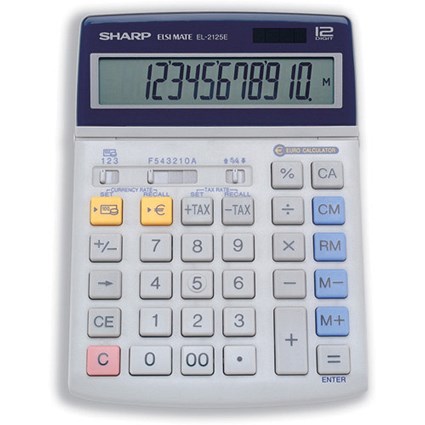 Sharp Calculator Tax Euro Desktop Tax Battery/Solar-power 12 Digit 140x195x22.5mm Ref EL2125C
