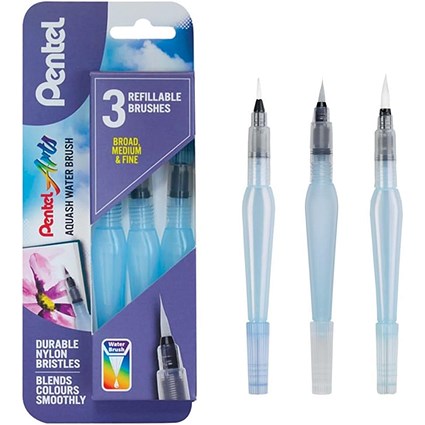 Pentel Arts Aquash Water Brushes, Broad Medium and Fine, Pack of 3