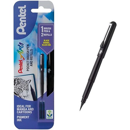 Pentel Arts Pocket Brush Pen with 2 Refills, Black