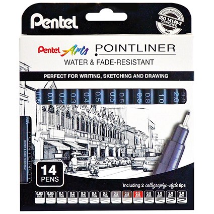 Pentel Pointliner Pigment Pens, Assorted Sizes, Assorted Colours, Pack of 14