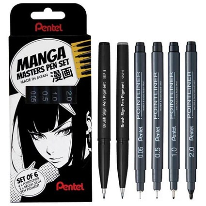 Pentel Manga Master Pointliner and Brush Sign Pen Set, Assorted Sizes, Black and Grey, Pack of 6