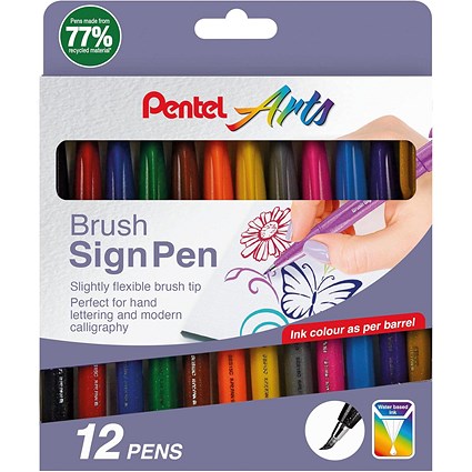 Pentel Arts Brush Sign Pen, Assorted Original Colours, Pack of 12