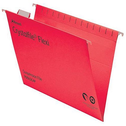 Rexel CrystalFiles FlexiFiles Suspension Files / V Base / 15mm Capacity / Foolscap / Red / Pack of 50
