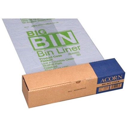 Acorn Big Bin Heavy Duty Bin Liners, Clear, Pack of 50