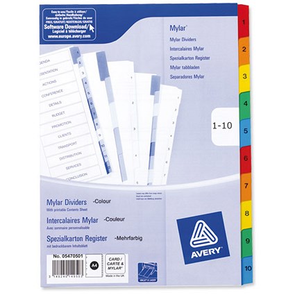 Avery Index Multipunched with Coloured Mylar Tabs 1-10 A4 White