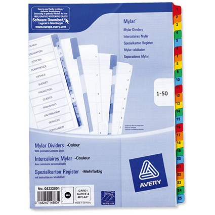 Avery Index Multipunched with Coloured Mylar Tabs 1-50 A4 White