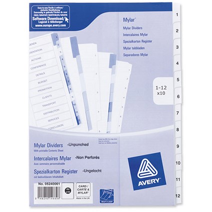 Avery Index Dividers, Unpunched, 1-12, A4, White, Pack of 10