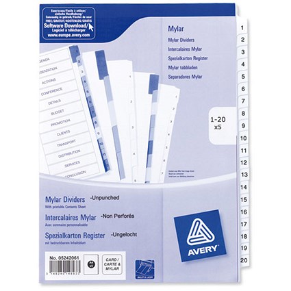 Avery Index Dividers, Unpunched, 1-20, A4, White, Pack of 5