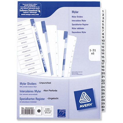 Avery Index Unpunched / 1-31 White / A4 / Pack of 5
