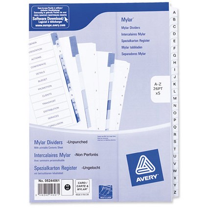 Avery Index Dividers, Unpunched, A-Z, A4, White, Pack of 5