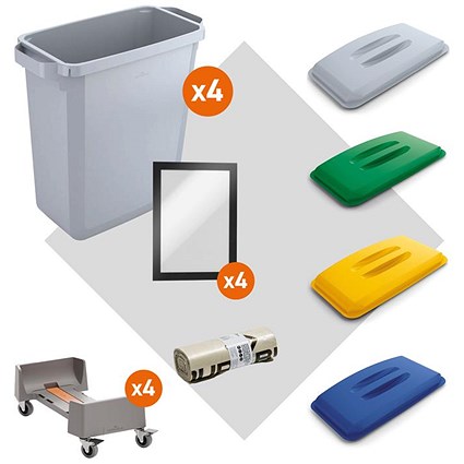 Durable Durabin Simpler Recycling Bin Bundle - Includes 4x Grey Bins, 4x Coloured Lids, 4x A5 Duraframe, 4x Trolleys & 1x Roll of Free Liners Durable Durabin Simpler Recycling Bin Bundle - Includes 4x Grey Bins, 4x Coloured Lids, 4x A5 Duraframe, 4x Trolleys & 1x Roll of Free Liners