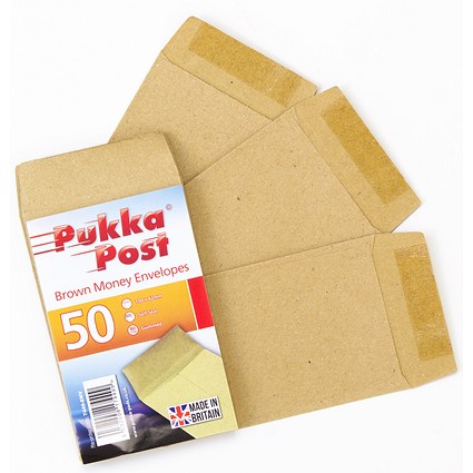 Pukka Post & Packaging Money Envelopes, Gummed, 80gsm, 100mmx62mm, Manilla, Pack of 50