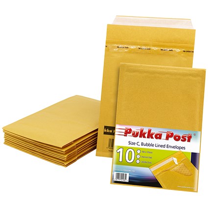 Pukka Post & Packaging Bubble Lined Envelopes, Peel and Seal, Size C 170mmx225mm, Gold, Pack of 10