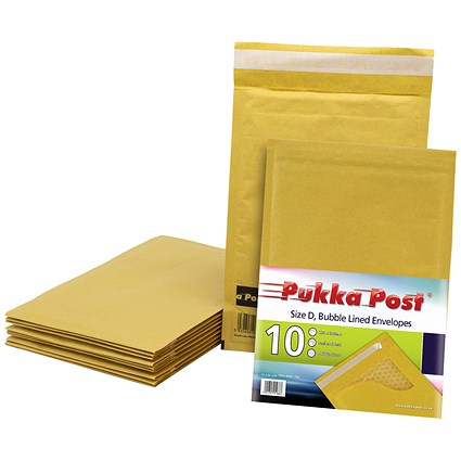 Pukka Post & Packaging Bubble Lined Envelopes, Peel and Seal, Size D 200mmx275mm, Gold, Pack of 10