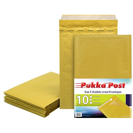 Pukka Post & Packaging Bubble Lined Envelopes, Peel and Seal, Size F 240mmx350mm, Gold, Pack of 10