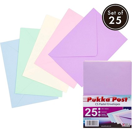 Pukka Post & Packaging C5 Envelopes, Plain, Gummed, 100gsm, Pastel Assorted Colours, Pack of 25