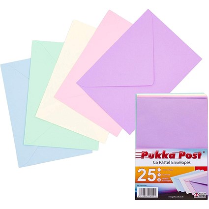 Pukka Post & Packaging C6 Envelopes, Plain, Gummed, 100gsm, Pastel Assorted Colours, Pack of 25