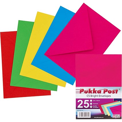 Pukka Post & Packaging C5 Envelopes, Plain, Gummed, 100gsm, Bright Assorted Colours, Pack of 25