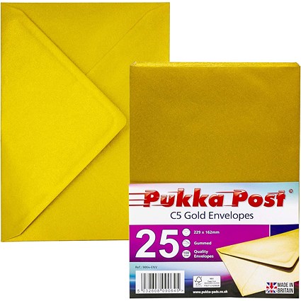 Pukka Post & Packaging C5 Envelopes, Plain, Gummed, 100gsm, Gold, Pack of 25