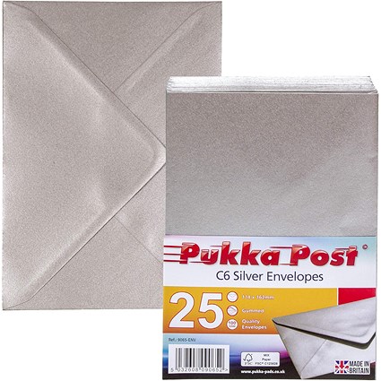 Pukka Post & Packaging C6 Envelopes, Plain, Gummed, 100gsm, Silver, Pack of 25