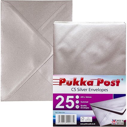 Pukka Post & Packaging C5 Envelopes, Plain, Gummed, 100gsm, Silver, Pack of 25