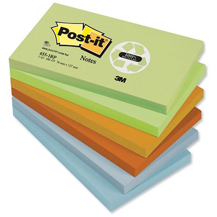 Post-it Recycled Notes, 76x127mm, Pastel Rainbow, Pack of 12 x 100 Notes