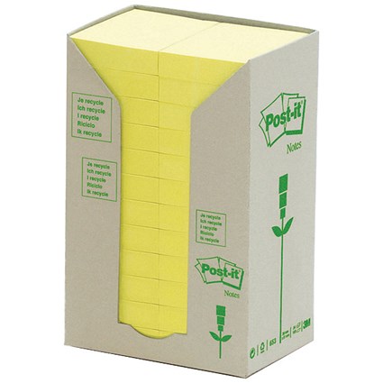 Post-it Recycled Notes Tower Pack, 38x51mm, Pastel Yellow, Pack of 24
