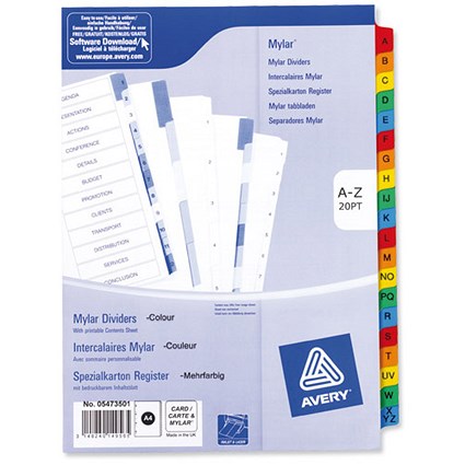 Avery Index Multipunched with Coloured Mylar Tabs A-Z 20-Part A4 White