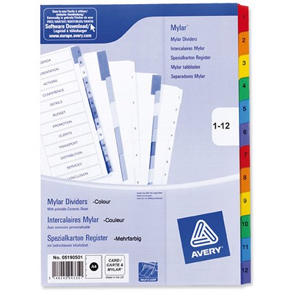 Avery Index Multipunched with Coloured Mylar Tabs 1-12 A4 White