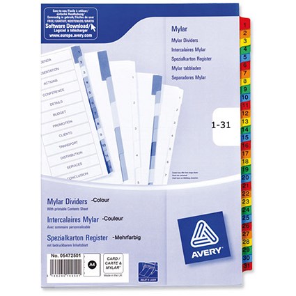 Avery Index Multipunched with Coloured Mylar Tabs 1-31 A4 White