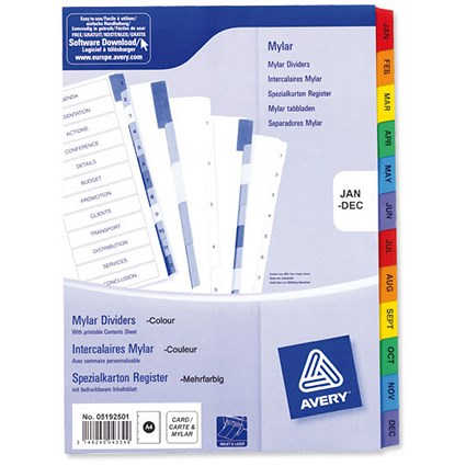 Avery Index Multipunched with Coloured Mylar Tabs Jan-Dec A4 White
