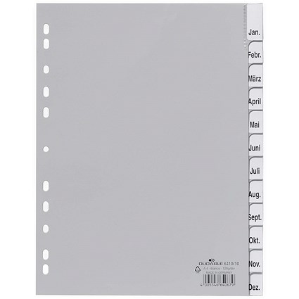 Durable 12 Part Removable Tab Reinforced Punched Index Dividers, Jan-Dec, A4, Grey, Pack of 20