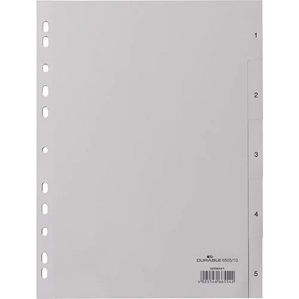 Durable 5 Part Numbered Tab Reinforced Punched Index Divider, 1-5 Grey Tabs, A4, Grey