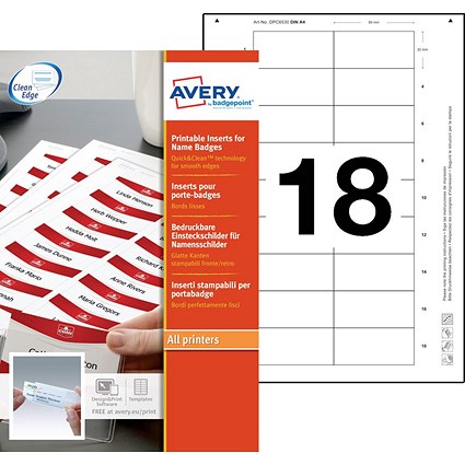 Avery Printable Inserts 65mm x 30mm All Printer Types 180 Inserts/10 Sheets (Pack 180 Inserts) - 6530