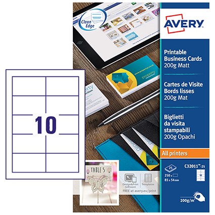 Avery Single-Sided Business Cards Pack 100 / 10 Sheets - Avery Single-Sided Business Cards Pack 100 / 10 Sheets -