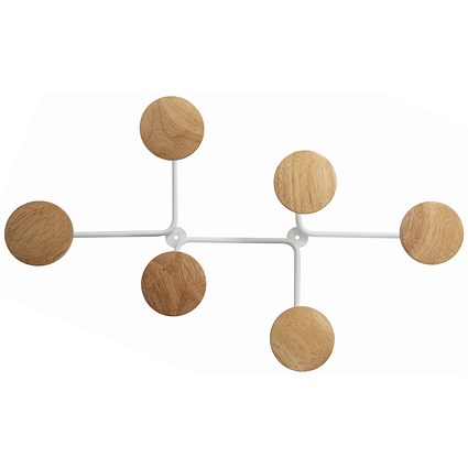 Alba Contemporary Wall Coat Hook, 6 Pegs, White/Light Wood