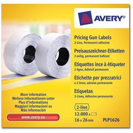 Avery Labels for Labelling Gun 2-Line Permanent White 16x26mm 1200 per Roll PLP1626 [Pack 10]