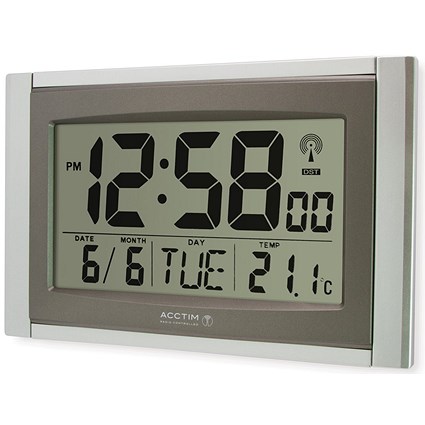 Acctim Stratus Radio Controlled LCD Digital Wall/Desk Clock, Silver