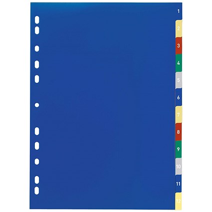 Durable A4 12 Part 1-12 With Coloured Tabs Printed and Cover Sheet Index, Multicoloured, Pack of 20
