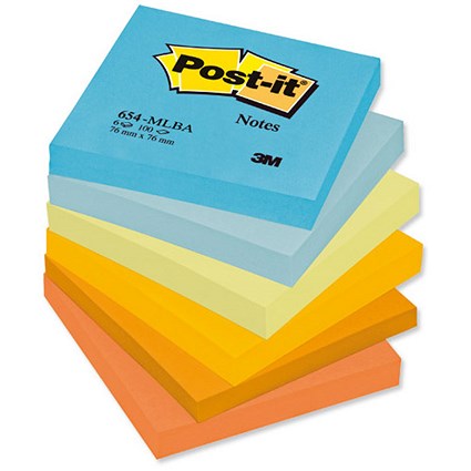 Post-it Colour Notes / 76x76mm / Balanced Palette Rainbow Colours / Pack of 6 x 100 Notes
