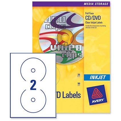 Avery CD/DVD Labels Inkjet 2 per Sheet Dia.117mm Clear Ref J8570-25 [50 Labels]